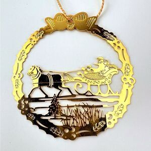 Vintage Sleigh Ride Christmas Ornament Hallmark Gold Metal Etched Embossed Scene